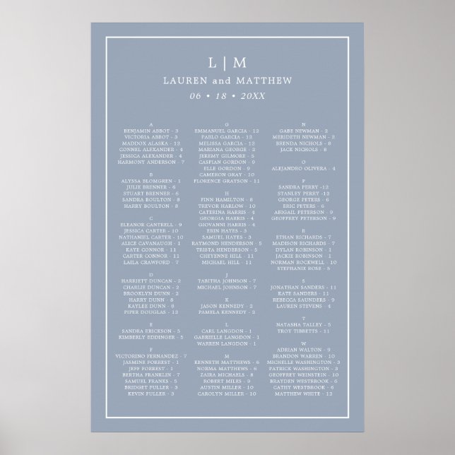 Simple Dusty Blue Monogram Wedding Seating Chart (Front)