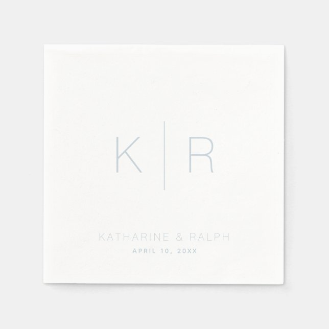 Simple Dusty Blue Monogram White Wedding Napkins (Front)