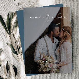 Simple Dusty Blue Photo Monogram Wedding Save The Date
