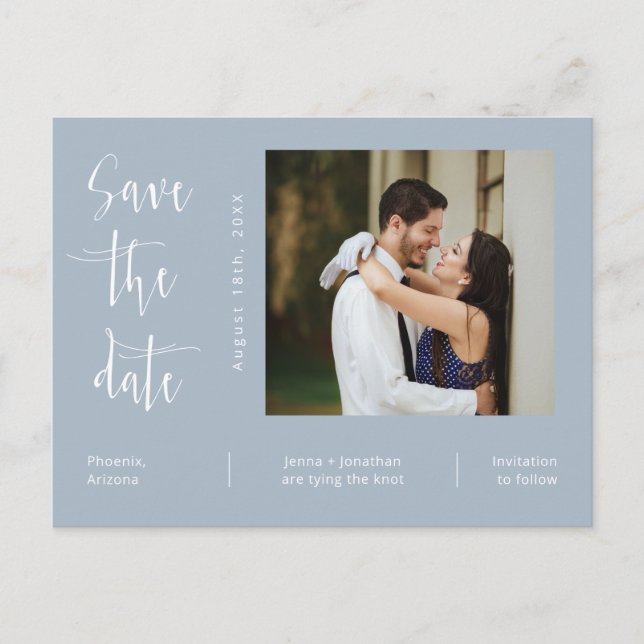 Simple Dusty Blue Photo QR Code Save The Date  Postcard (Front)