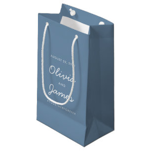 Simple Dusty Blue Script Hashtag Wedding Favour Small Gift Bag