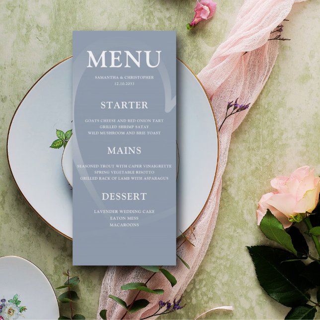 Simple Dusty Blue & Silver Heart Wedding Dinner Menu (Creator Uploaded)