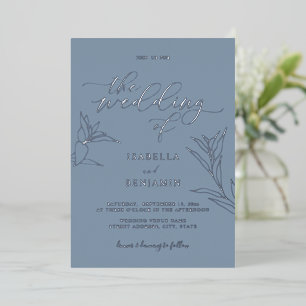 Simple Dusty Blue Silver Script Botanical Wedding
