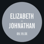 Simple Dusty Blue Typography Wedding Classic Round Sticker<br><div class="desc">Simple Dusty Blue Typography Wedding stickers or seals. Personalise the custom text above. You can find additional coordinating items in our "Simple Navy and Dusty Blue Typography Wedding" collection. ***PLEASE NOTE: ALL OF THE WORDING AND TEXT AND BACKGROUND COLOR IS EDITABLE. You can change all of the words and you...</div>