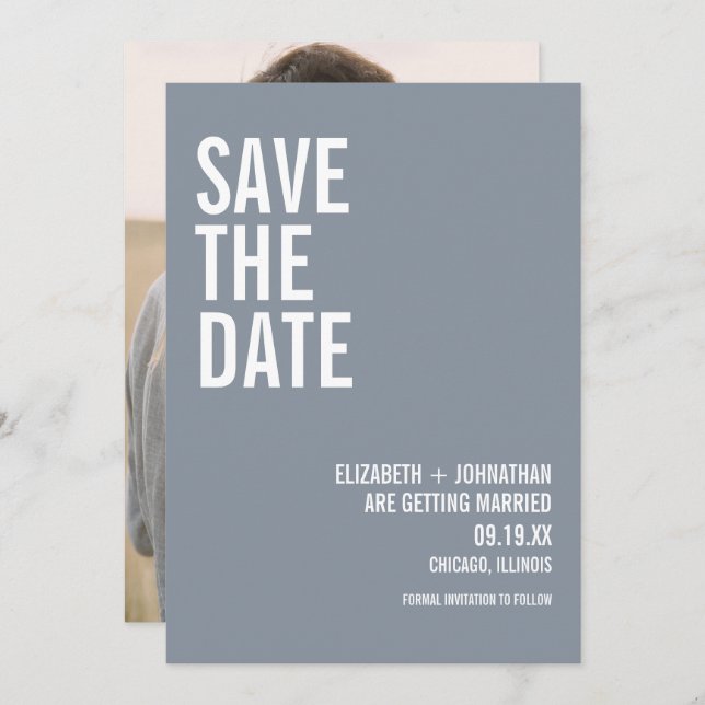 Simple Dusty Blue Typography Wedding Photo Save The Date (Front/Back)