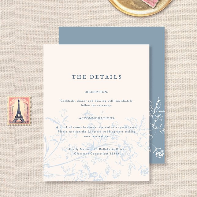 Simple Dusty Blue Vintage Floral Wedding Details Enclosure Card (Creator Uploaded)
