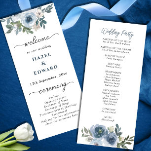 Simple Dusty blue Watercolor floral Wedding Programme