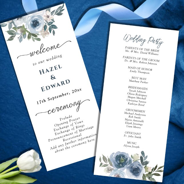 Simple Dusty blue Watercolor floral Wedding Programme (Creator Uploaded)