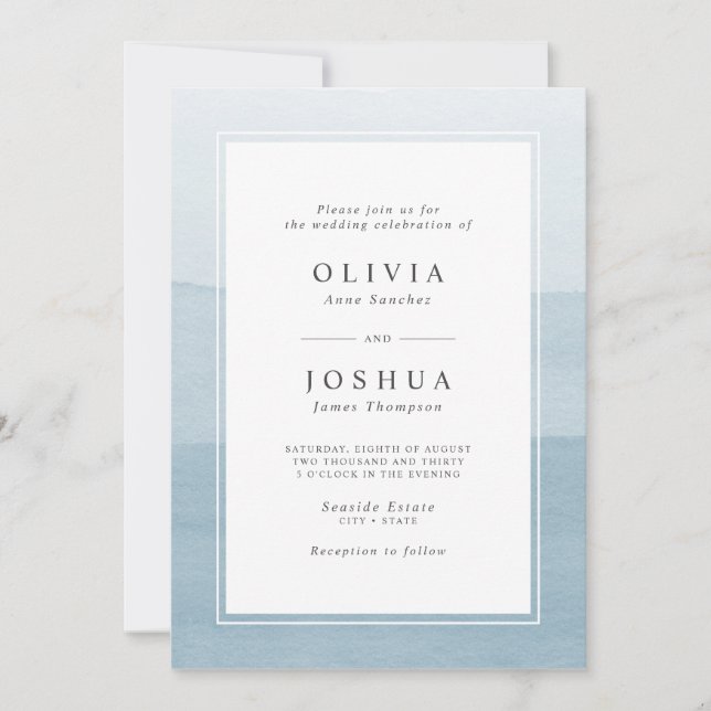 Simple Dusty Blue Watercolor Ombre Wedding Invitation (Front)