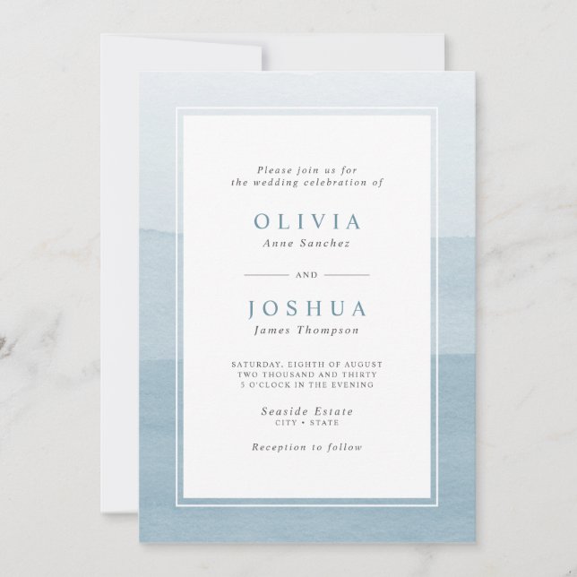 Simple Dusty Blue Watercolor Ombre Wedding Invitation (Front)