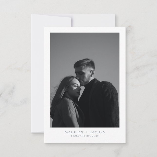 Simple Dusty Blue Wedding Photo Thank you Card (Front)