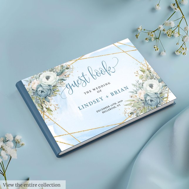 Simple Dusty Blue White Gold Flowers Guest Book (Simple Dusty Blue White Gold Flowers Guest Book)