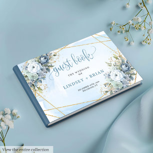 Simple Dusty Blue White Gold Flowers Guest Book