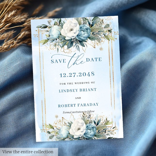 Simple Dusty Blue White Gold Peonies Save The Date Invitation (Simple Dusty Blue White Gold Peonies Save The Date)