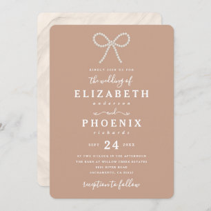 Simple Dusty Peach Pearl Bow Trendy Wedding Invitation