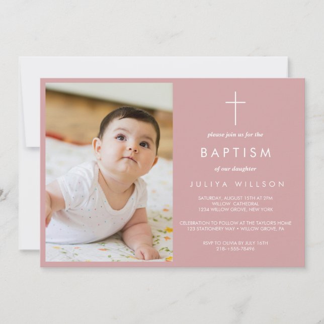 Simple Dusty pink Baptism photo  Invitation (Front)