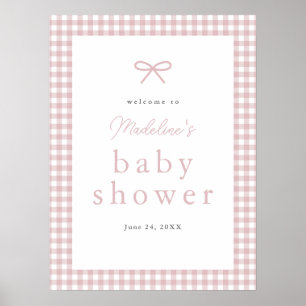Simple Dusty Pink Gingham Girl Baby Shower Welcome Poster