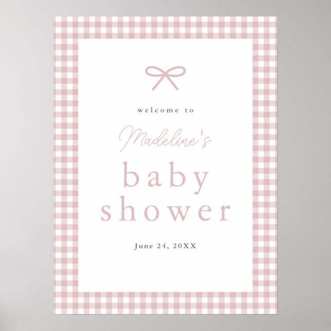 Simple Dusty Pink Gingham Girl Baby Shower Welcome Poster (Front)