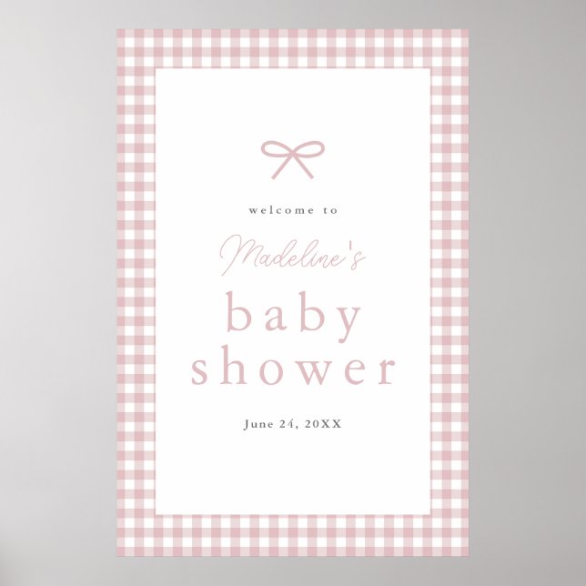 Simple Dusty Pink Gingham Girl Baby Shower Welcome Poster (Front)