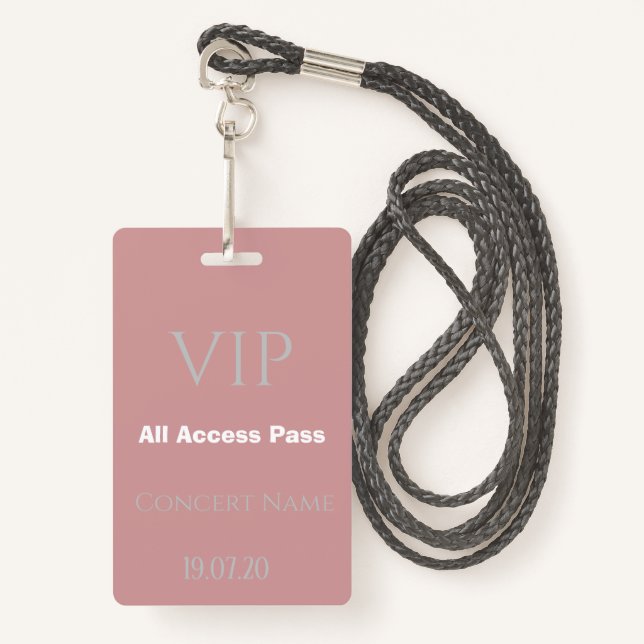 Simple Dusty Pink VIP All Access Pass Concert ID Badge (Front with Lanyard)