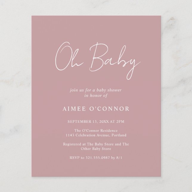 Simple Dusty Rose Budget Baby Shower Invitation (Front)