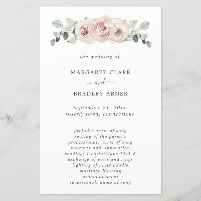Simple Dusty Rose Floral Elegant Wedding Program (Front)