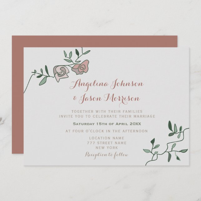 Simple Dusty Rose Greenery Wedding Invite (Front/Back)