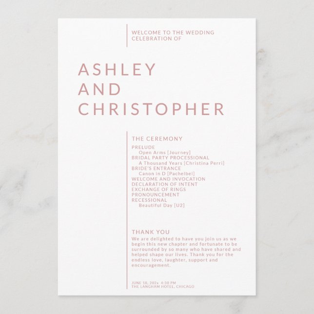 Simple Dusty Rose Isolated Names Wedding Ceremony Programme (Front)