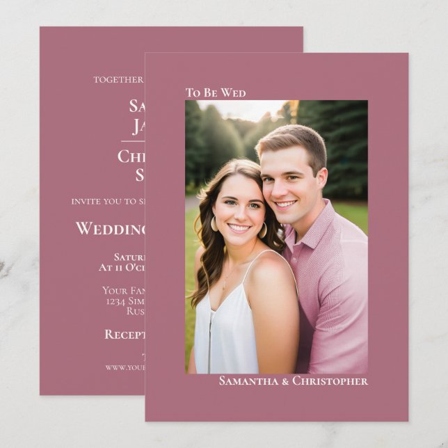 Simple Dusty Rose or Mauve Vertical Photo Wedding Invitation (Front/Back)