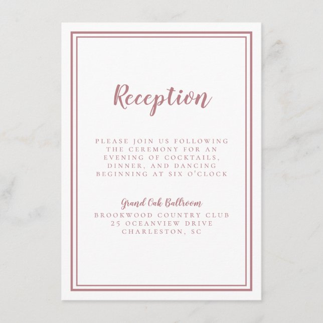 Simple Dusty Rose Wedding Reception White Frame Enclosure Card (Front)