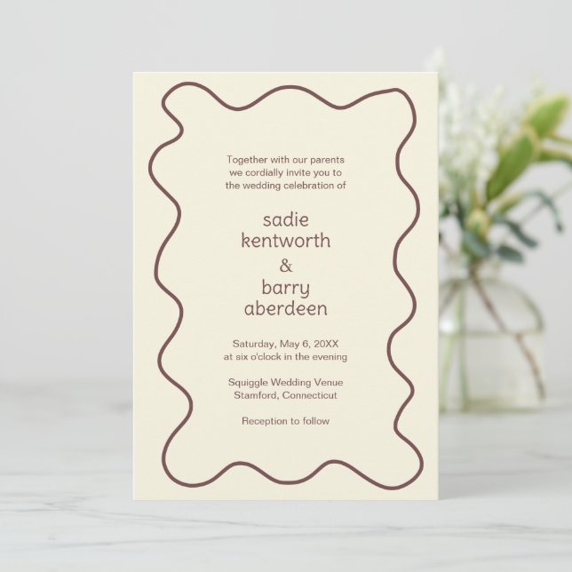 Simple Earthy Brown Squiggle Frame Modern Wedding Invitation (Standing Front)
