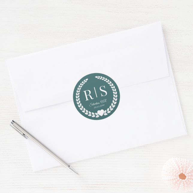 Simple Earthy Forest Teal Monogram Classic Round Sticker (Envelope)