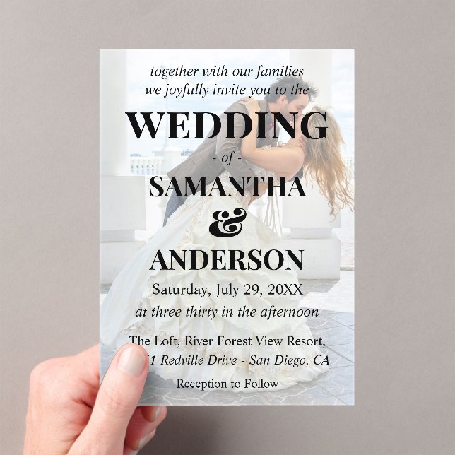 Simple Editable Black White Overlay Photo Wedding Acrylic Invitations (Insitu (Handheld))
