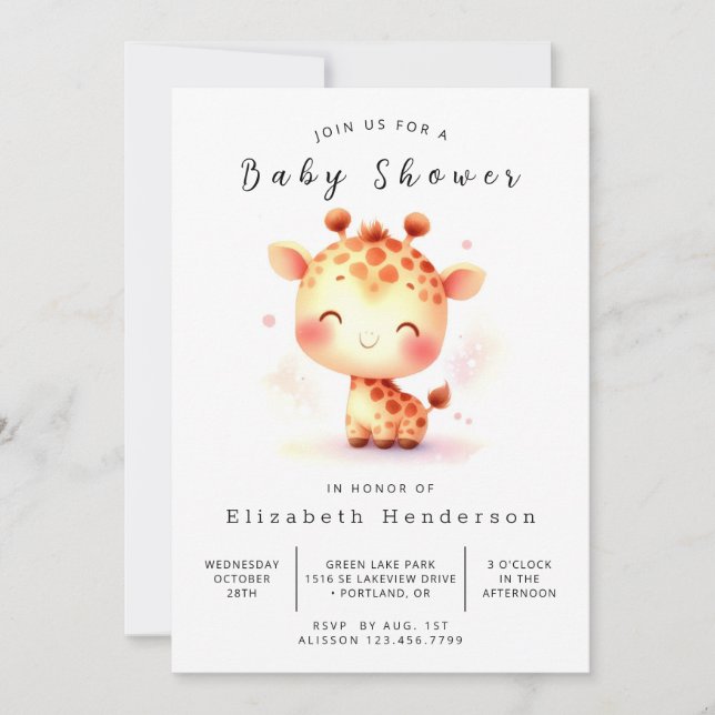 Simple Editable Giraffe Baby Shower Invitation (Front)