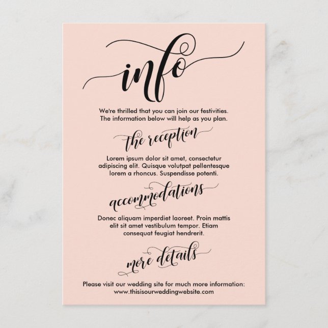 Simple Elaborate Script Wedding Info Blush Pink Enclosure Card (Front)