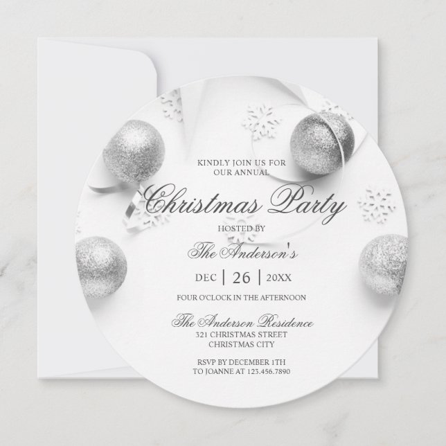 Simple Elagant White and Silver Christmas Party Invitation (Front)
