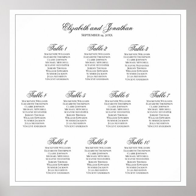Simple Elegance 10 Table Wedding Seating Chart (Front)