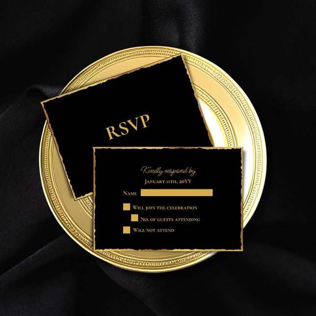 Simple Elegance Black Luxe Gold Edge Wedding RSVP Card (Creator Uploaded)