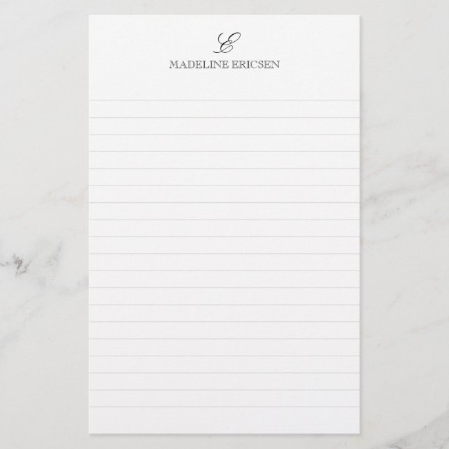 Simple Elegance Black White Monogram Lined Stationery (Front)