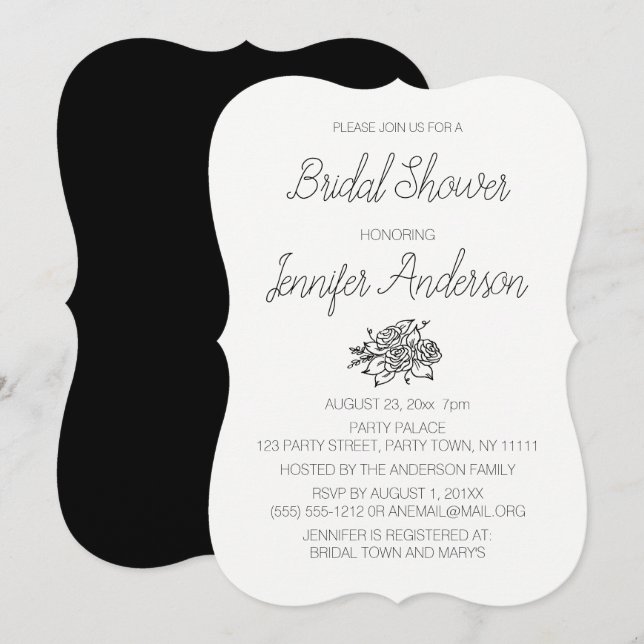 Simple Elegance Black White Rose Bridal Shower Invitation (Front/Back)