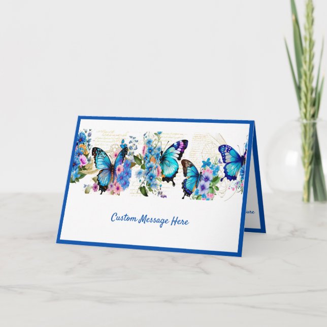 Simple Elegance Blue Butterflies Flowers Customise Card (Front)