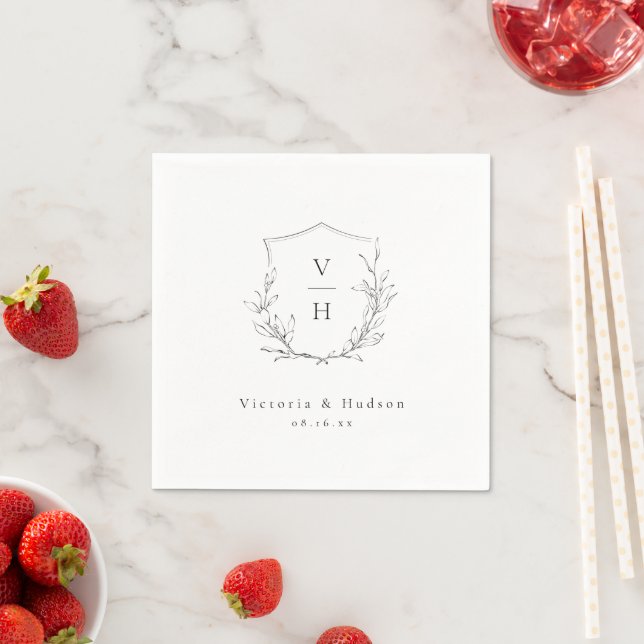 Simple elegance botanical crest monogram wedding napkin (Insitu)