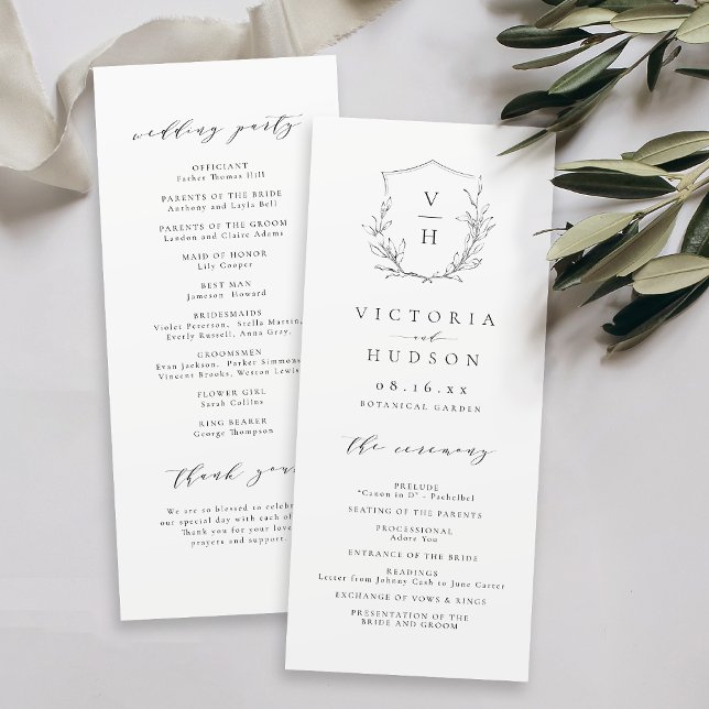  Simple elegance botanical crest monogram wedding  Programme (Simple elegance botanical crest monogram wedding Program)