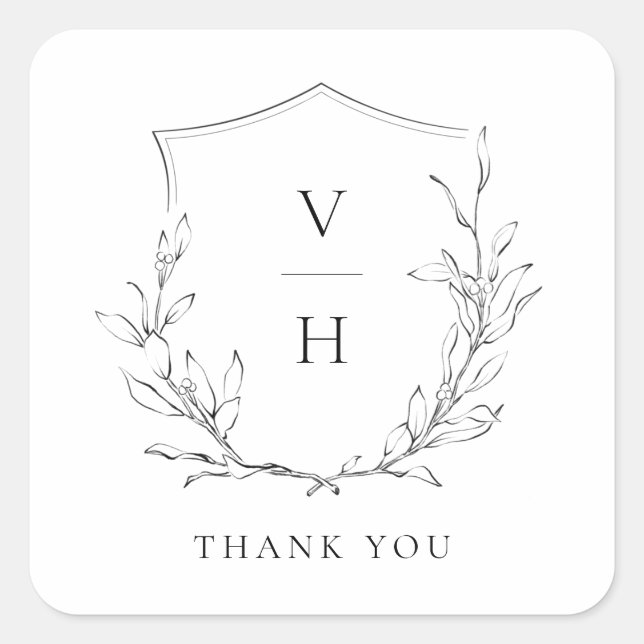 Simple elegance botanical crest monogram wedding square sticker (Front)