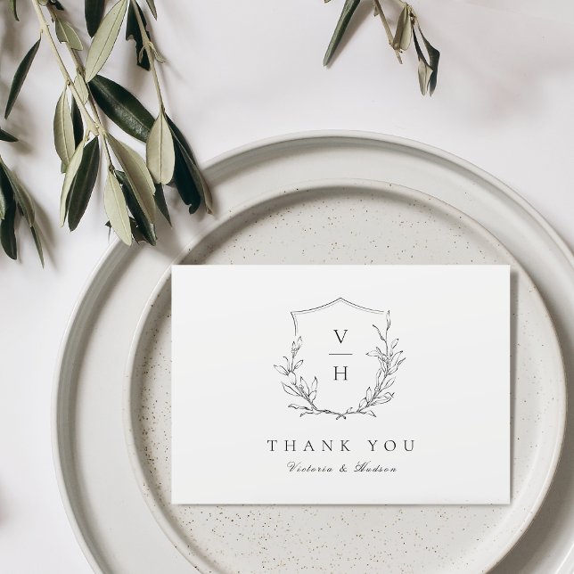 Simple elegance botanical crest monogram wedding thank you card (Simple elegance botanical crest monogram wedding thank you card)
