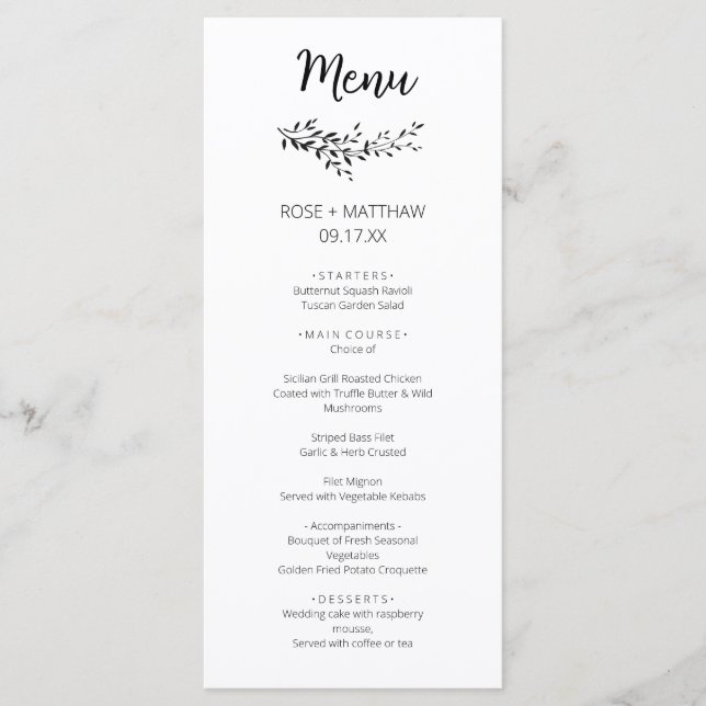 Simple elegance botanical leaves monogram wedding menu (Front)
