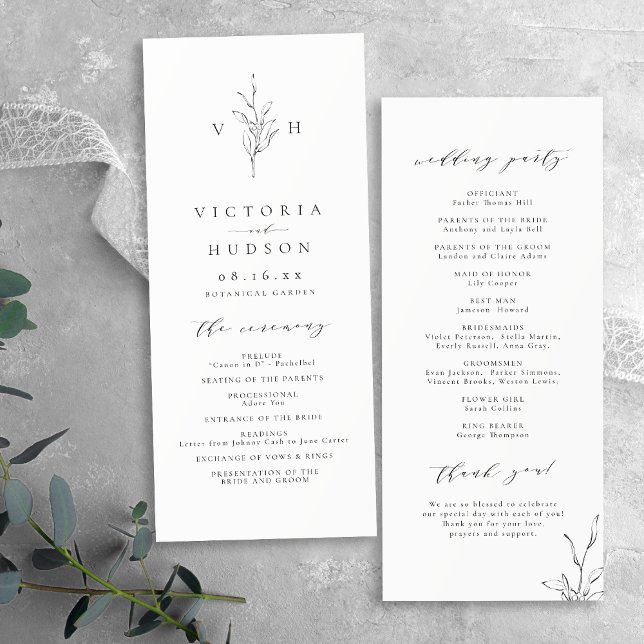 Simple elegance botanical leaves monogram wedding  programme (Simple elegance botanical leaves monogram wedding program)