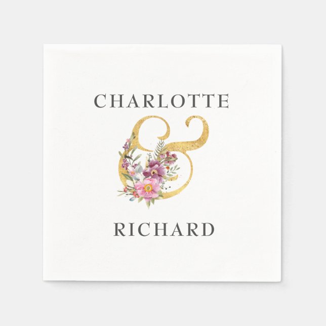Simple Elegance, Gold Ampersand with Pink Florals Napkin (Front)