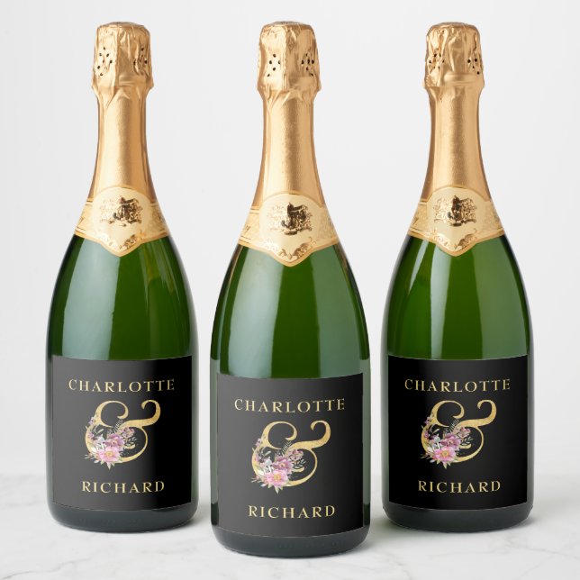 Simple Elegance, Gold Ampersand with Pink Florals Sparkling Wine Label (Bottles)