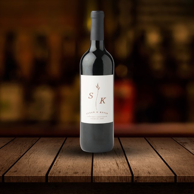 Simple Elegance Leaf Monogram Chic Wedding Wine Label (Creator Uploaded)
